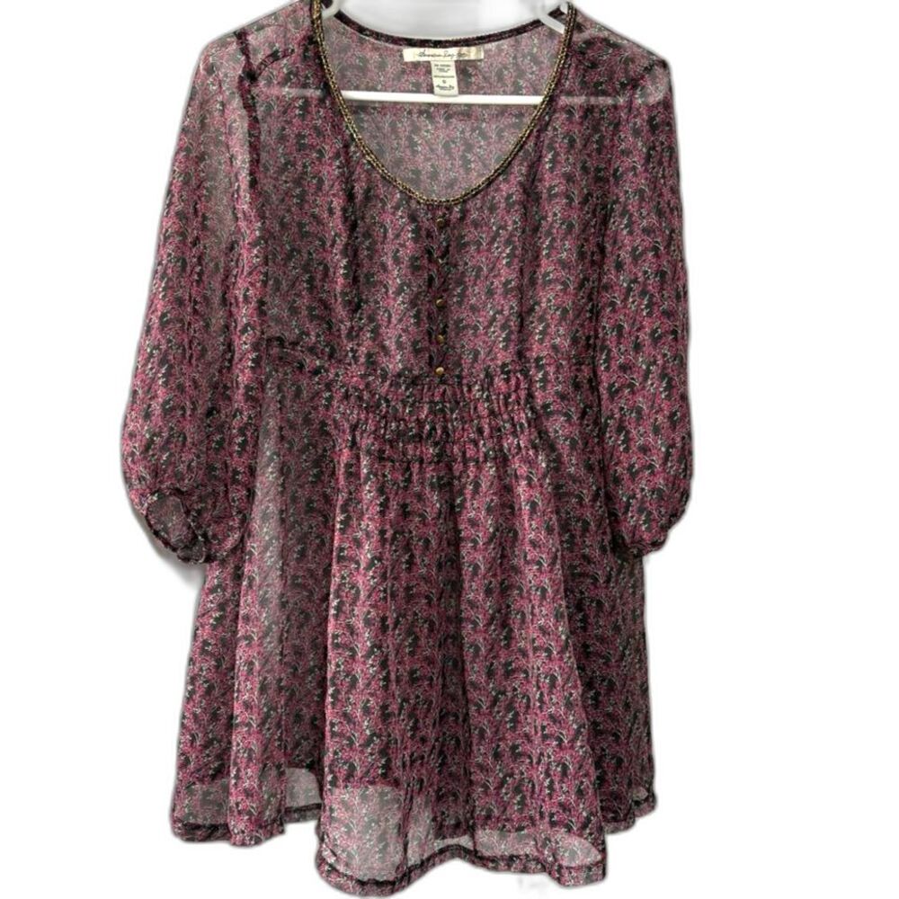Vintage American Rag Cie Sheer Floral Gold Trim Mini Dress